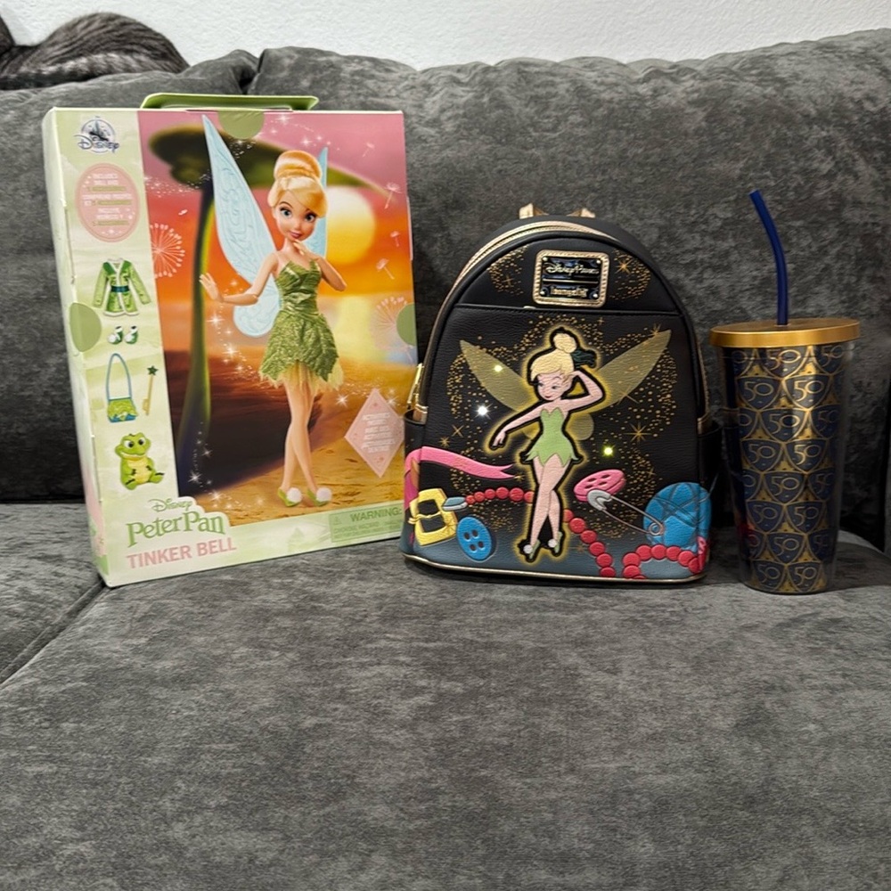 Loungefly Tinker Bell Light-up Backpack with Disney cup and collector Doll.